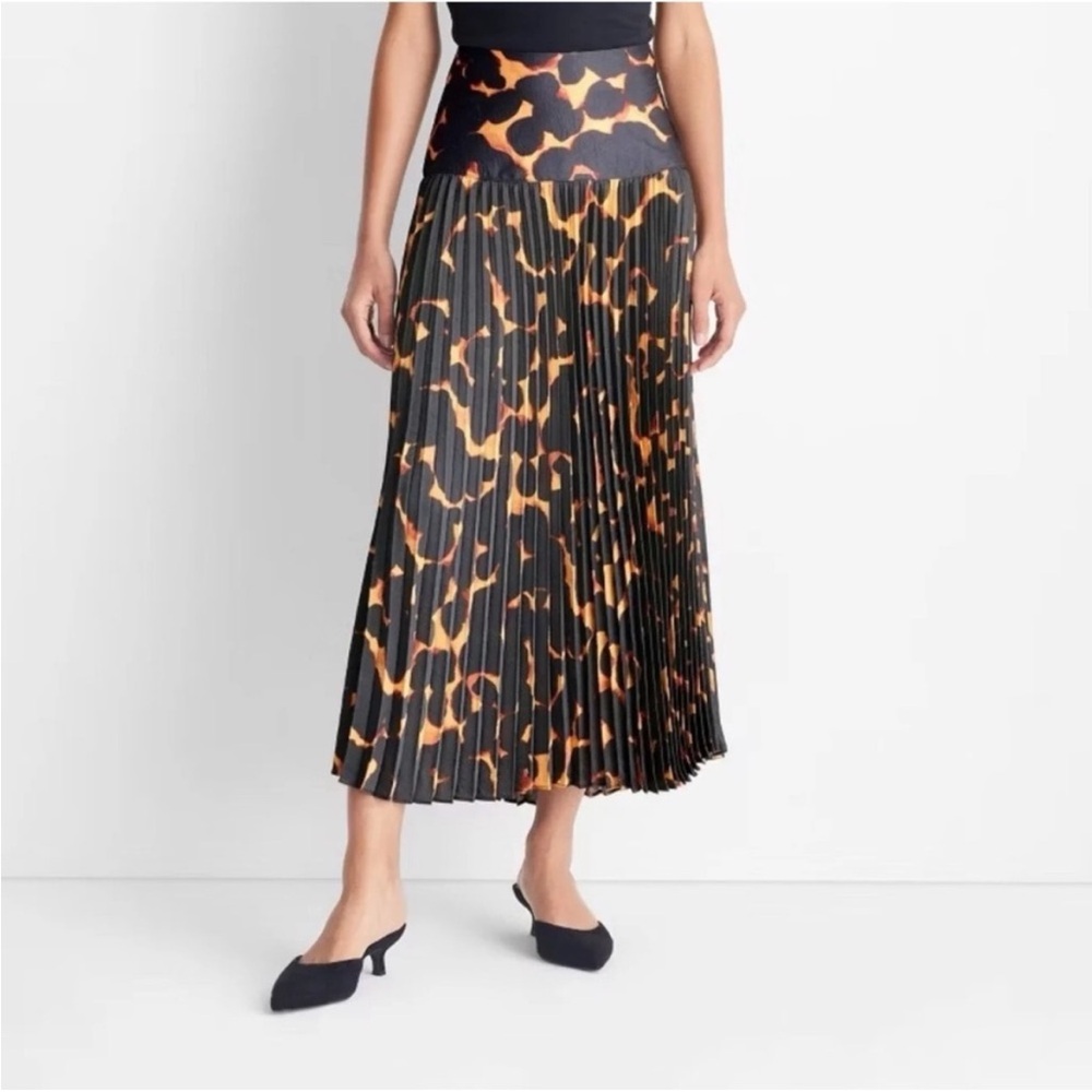 Pleated Midi Skirt in Black and Orange Animal Print